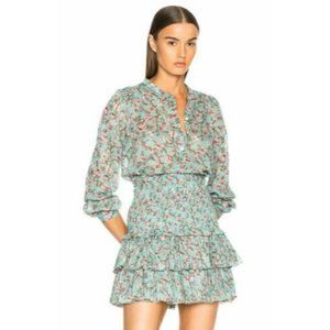 Isabel Marant Naomi Smocked Green Teal Floral Ruffle Tier Short Skirt 42